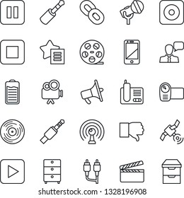 Thin Line Icon Set - clapboard vector, reel, vinyl, archive chest, microphone, antenna, satellite, loudspeaker, video camera, cell phone, speaker, radio, chain, finger down, favorites list, battery