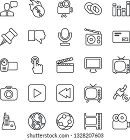 Thin Line Icon Set - clapboard vector, film frame, flame disk, camera, radio, satellite, tv, equalizer, video, microphone, network, touch screen, speaker, monitor, phone, chain, finger down, mail