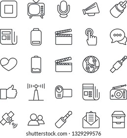 Thin Line Icon Set - clapboard vector, radio, antenna, satellite, news, loudspeaker, tv, video camera, microphone, network, touch screen, dialog, group, finger up, heart, low battery, mail, rca