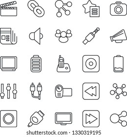 Thin Line Icon Set - clapboard vector, camera, news, speaker, loudspeaker, settings, tv, video, monitor, radio phone, share, chain, group, favorites list, battery, low, fast forward, rewind, rca