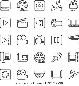 Thin Line Icon Set - clapboard vector, film frame, reel, gamepad, tv, video camera, play button, pause, rewind, rec, hdmi, record, intercome, surveillance