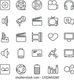 Thin Line Icon Set - clapboard vector, film frame, reel, vinyl, microphone, satellite, speaker, tv, equalizer, video camera, network, dialog, headphones, monitor, radio phone, heart, battery, low