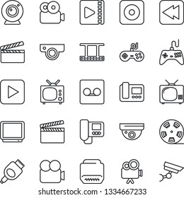 Thin Line Icon Set - clapboard vector, film frame, reel, gamepad, tv, video camera, play button, rewind, rec, hdmi, record, web, intercome, surveillance