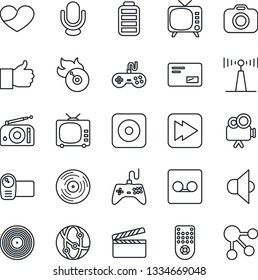 Thin Line Icon Set - clapboard vector, vinyl, flame disk, camera, radio, antenna, speaker, tv, gamepad, video, microphone, remote control, network, finger up, heart, battery, mail, fast forward