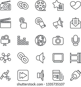 Thin Line Icon Set - clapboard vector, film frame, reel, camera, radio, satellite, news, speaker, loudspeaker, equalizer, tv, video, microphone, network, touch screen, share, chain, favorites list