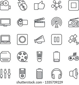 Thin Line Icon Set - clapboard vector, reel, flame disk, radio, antenna, satellite, loudspeaker, gamepad, settings, video camera, remote control, headphones, monitor, laptop pc, share, finger up
