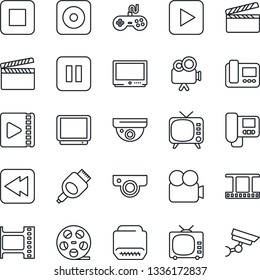 Thin Line Icon Set - clapboard vector, film frame, reel, tv, gamepad, video camera, play button, pause, stop, rewind, rec, hdmi, web, intercome, surveillance