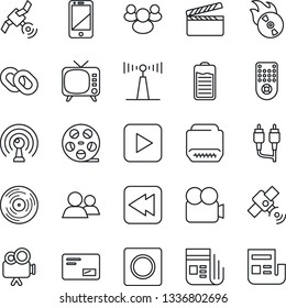 Thin Line Icon Set - clapboard vector, reel, vinyl, flame disk, antenna, satellite, news, tv, video camera, remote control, cell phone, chain, group, battery, mail, play button, rewind, rca, hdmi