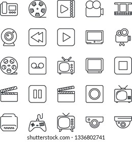 Thin Line Icon Set - clapboard vector, film frame, reel, tv, gamepad, video camera, play button, pause, stop, rewind, hdmi, record, web, intercome, surveillance