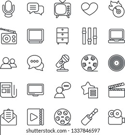 Thin Line Icon Set - clapboard vector, reel, vinyl, archive chest, flame disk, microphone, radio, news, tv, settings, dialog, speaker, monitor, laptop pc, group, favorites list, heart, mail, video