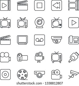 Thin Line Icon Set - clapboard vector, film frame, reel, tv, video camera, play button, stop, rewind, rec, hdmi, record, web, intercome, surveillance