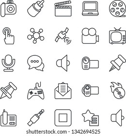 Thin Line Icon Set - clapboard vector, reel, flame disk, camera, satellite, speaker, tv, gamepad, video, microphone, touch screen, dialog, laptop pc, radio phone, share, favorites list, paper pin
