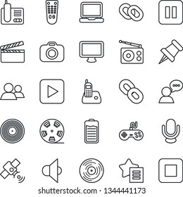 Thin Line Icon Set - clapboard vector, reel, vinyl, camera, radio, satellite, speaker, gamepad, microphone, remote control, monitor, laptop pc, phone, chain, group, favorites list, paper pin, pause