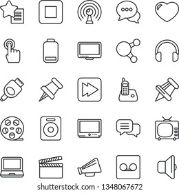 Thin Line Icon Set - clapboard vector, reel, antenna, loudspeaker, tv, touch screen, dialog, headphones, monitor, laptop pc, radio phone, share, speaker, favorites list, heart, paper pin, hdmi