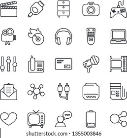 Thin Line Icon Set - clapboard vector, film frame, archive chest, flame disk, camera, microphone, news, tv, gamepad, settings, video, remote control, speaker, headphones, laptop pc, radio phone, rca