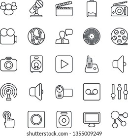 Thin Line Icon Set - clapboard vector, reel, vinyl, camera, microphone, radio, antenna, settings, video, network, touch screen, speaker, monitor, phone, group, low battery, play button, record