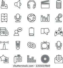 Thin Line Icon Set - clapboard vector, vinyl, archive chest, camera, microphone, antenna, news, speaker, tv, gamepad, equalizer, remote control, network, headphones, radio phone, chain, finger down