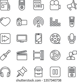 Thin Line Icon Set - clapboard vector, film frame, reel, vinyl, antenna, loudspeaker, equalizer, video camera, microphone, remote control, cell phone, speaker, headphones, monitor, heart, paper pin