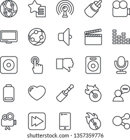 Thin Line Icon Set - clapboard vector, flame disk, antenna, equalizer, video camera, microphone, network, cell phone, touch screen, speaker, monitor, finger down, favorites list, heart, low battery