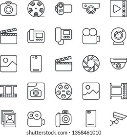 Thin Line Icon Set - clapboard vector, film frame, reel, camera, video, phone back, mobile, gallery, photo, web, intercome, surveillance