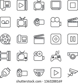 Thin Line Icon Set - clapboard vector, film frame, reel, tv, gamepad, video camera, play button, pause, stop, rec, hdmi, record, web, intercome, surveillance