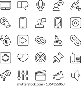 Thin Line Icon Set - clapboard vector, flame disk, microphone, antenna, satellite, loudspeaker, settings, tv, cell phone, touch screen, speaker, radio, chain, finger down, heart, paper pin, record