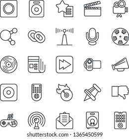 Thin Line Icon Set - clapboard vector, reel, vinyl, flame disk, antenna, news, loudspeaker, gamepad, video camera, microphone, remote control, share, chain, speaker, finger down, favorites list