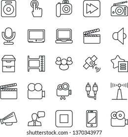 Thin Line Icon Set - clapboard vector, film frame, camera, radio, antenna, satellite, speaker, loudspeaker, tv, video, microphone, cell phone, touch screen, laptop pc, group, favorites list, rca