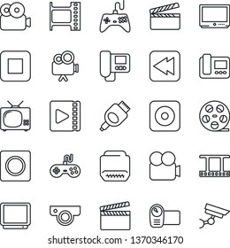 Thin Line Icon Set - clapboard vector, film frame, reel, gamepad, tv, video camera, stop button, rewind, rec, hdmi, record, web, intercome, surveillance