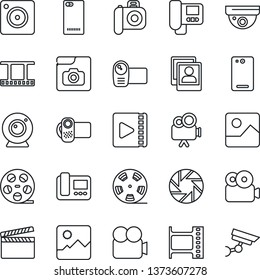 Thin Line Icon Set - clapboard vector, film frame, reel, camera, video, phone back, mobile, gallery, photo, web, intercome, surveillance