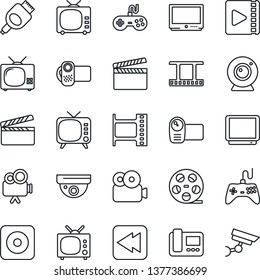 Thin Line Icon Set - clapboard vector, film frame, reel, tv, gamepad, video camera, rewind, rec button, hdmi, web, intercome, surveillance