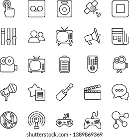 Thin Line Icon Set - clapboard vector, microphone, antenna, satellite, news, loudspeaker, tv, gamepad, settings, video camera, remote control, network, touch screen, dialog, speaker, group, battery