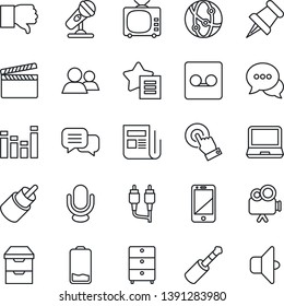 Thin Line Icon Set - clapboard vector, archive chest, microphone, news, tv, equalizer, video camera, network, cell phone, touch screen, dialog, laptop pc, group, finger down, favorites list, rca