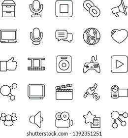 Thin Line Icon Set - clapboard vector, film frame, satellite, speaker, loudspeaker, gamepad, tv, video camera, microphone, network, dialog, share, chain, group, finger up, favorites list, heart