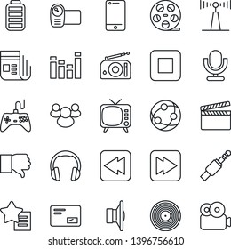 Thin Line Icon Set - clapboard vector, reel, vinyl, radio, antenna, news, speaker, tv, gamepad, equalizer, video camera, microphone, network, cell phone, headphones, group, finger down, battery