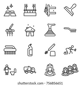 Thin line icon set : clean floor, skysrcapers cleaning, skyscrapers, scraper, vacuum cleaner, house, plunger, brush, toilet cleanser, home call, outsource