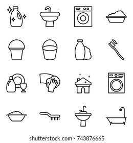 thin line icon set : cleanser, sink, washing machine, bucket, shampoo, tooth brush, dish, wiping, house cleaning, foam basin, water tap, bath