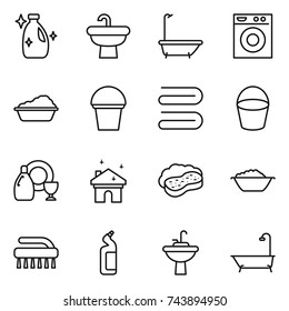 thin line icon set : cleanser, sink, bath, washing machine, bucket, towel, dish, house cleaning, sponge with foam, basin, brush, toilet, water tap