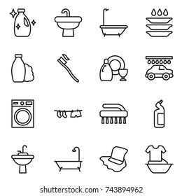 thin line icon set : cleanser, sink, bath, plate washing, shampoo, tooth brush, dish, car wash, machine, drying clothe, toilet, water tap, floor, handle