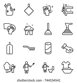 thin line icon set : cleanser, rag, wiping, skyscrapers cleaning, house, plunger, dry wash, brush, powder, garden, woman with duster, toilet, handle washing