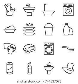 thin line icon set : cleanser, sink, bath, washing machine, plate, bucket, shampoo, wiping, sponge with foam, brush, powder, toilet, water tap, floor