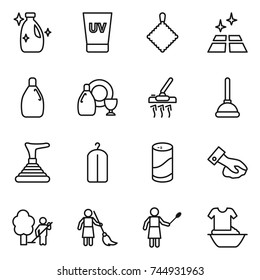 thin line icon set : cleanser, uv cream, rag, clean floor, dish, vacuum cleaner, plunger, dry wash, powder, wiping, garden cleaning, brooming, woman with duster, handle washing