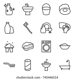 thin line icon set : cleanser, sink, bucket, soap, shampoo, tooth brush, dish, wiping, house cleaning, sponge with foam, washing machine, basin, powder, water tap, bath