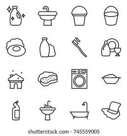 thin line icon set : cleanser, sink, bucket, soap, shampoo, tooth brush, dish, house cleaning, sponge with foam, washing machine, basin, toilet, water tap, bath, floor