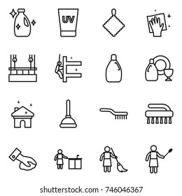 Thin Line Icon Set : Cleanser, Uv Cream, Rag, Wiping, Skysrcapers Cleaning, Skyscrapers, Dish, House, Plunger, Brush, Kitchen, Brooming, Woman With Duster