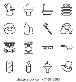 thin line icon set : cleanser, sink, bath, plate washing, soap, shampoo, tooth brush, dish, car wash, machine, drying clothe, powder, toilet, water tap, floor