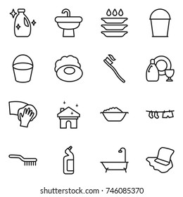 thin line icon set : cleanser, sink, plate washing, bucket, soap, tooth brush, dish, wiping, house cleaning, foam basin, drying clothe, toilet, bath, floor