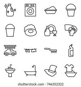 thin line icon set : cleanser, washing machine, bucket, soap, dish, wiping, car wash, drying clothe, brush, toilet, water tap sink, bath, floor, handle