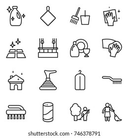 Thin Line Icon Set : Cleanser, Rag, Bucket And Broom, Wiping, Clean Floor, Skysrcapers Cleaning, Dish, House, Plunger, Dry Wash, Brush, Powder, Garden, Brooming