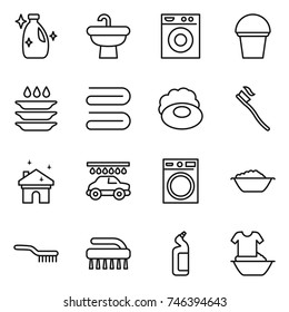 thin line icon set : cleanser, sink, washing machine, bucket, plate, towel, soap, tooth brush, house cleaning, car wash, foam basin, toilet, handle